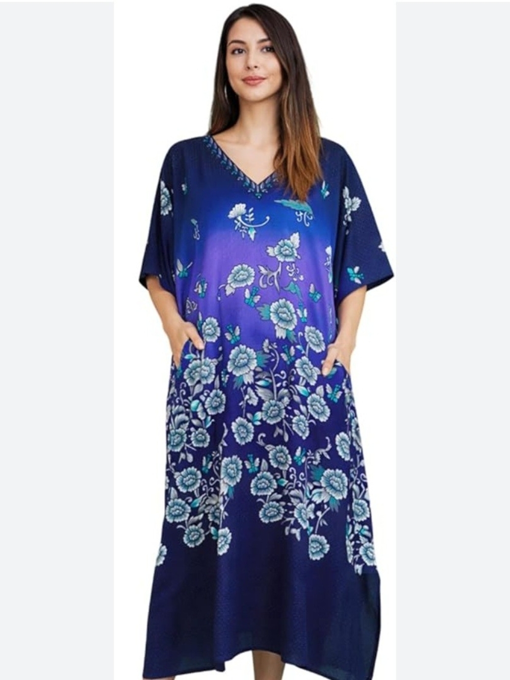 Women’s Navy Blue Floral Maxi Dress with V-Neck